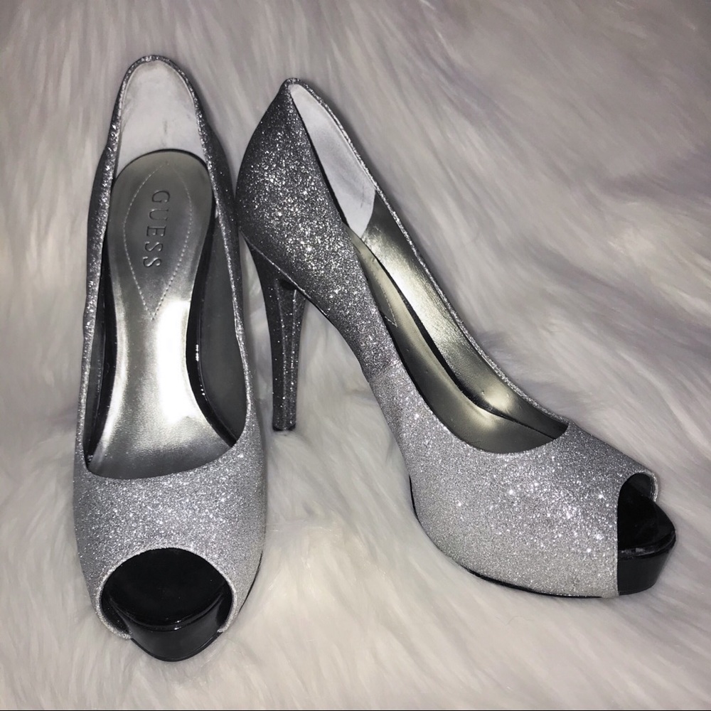 GUESS Silver Ombrè Peep Toe Glitter Platform Pump